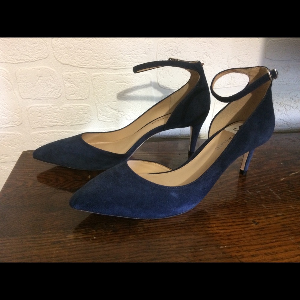 Blue suede kitten heels